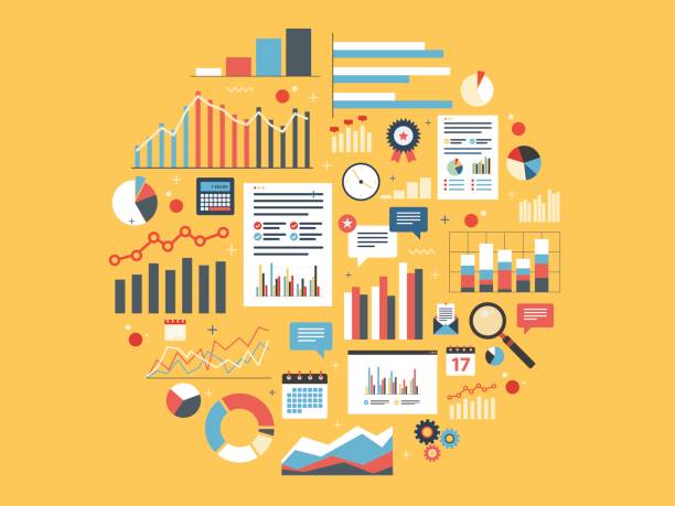 Analytics round illustration with charts. Chart with statistics and data, statistic analytics and growth report. Icons in vector illustration of calculator, chart, magnifying glass and calendar. Concepts finance, business and strategy. market research stock illustrations
