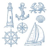 Set sea adventure. Anchor, wheel, sailing ship, compass rose, shell, crab, lighthouse isolated on white background. Vector blue vintage engraving illustration. For poster yacht club.