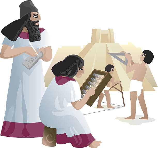 Ancient Babylonian builders under construction a Ziggurat Ancient Babylonian archinectures looking at a building in progress. Engineer with calculations on paper, another with a set square, another measuring, another with an abacus sumerian civilization stock illustrations