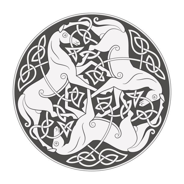 Ancient celtic mythological symbol of horse trinity Ancient celtic mythological symbol of horse trinity. Vector knot ornament. horse borders stock illustrations