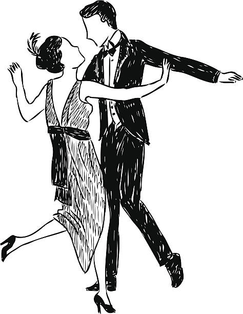 ancient dancing couple Vector image of a dancing couple of the early 20th century. dancing drawings stock illustrations