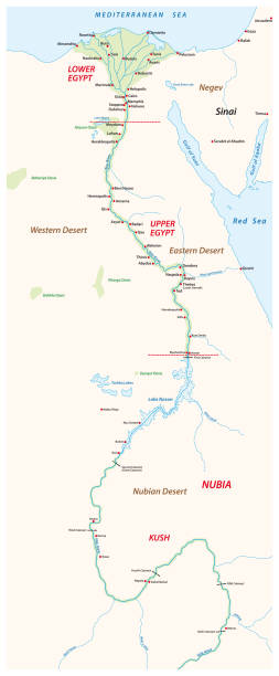 ナイル川の重要な観光スポットと古代エジプトの地図 - 都会　オアシス点のイラスト素材／クリップアート素材／マンガ素材／アイコン素材