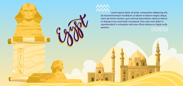 Ancient Egypt vector illustration, cartoon flat panoramic Egyptian desert landscape with famous Egypt landmarks for tourists, sphinx statue