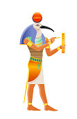 Ancient Egyptian god Thoth. Deity with ibis head. God of wisdom, writing, hieroglyphs, science, magic. 3d cartoon vector illustration. Old mural paint art icon from Egypt. Isolated on white background