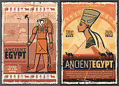 Egyptian travel vector posters with ancient Egypt pharaoh, Sphinx of Giza pyramids and Horus God with ankh, Nefertiti queen, hieroglyphs, palms and camels, history, egyptology and mythology design