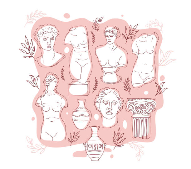 Ancient Greece and Rome set tradition and culture vector illustration. The linear trend of the ancient poster, Ancient Greece and Ancient Rome. Vector design on pink. Ancient Greece and Rome pattern tradition and culture vector. goddess stock illustrations