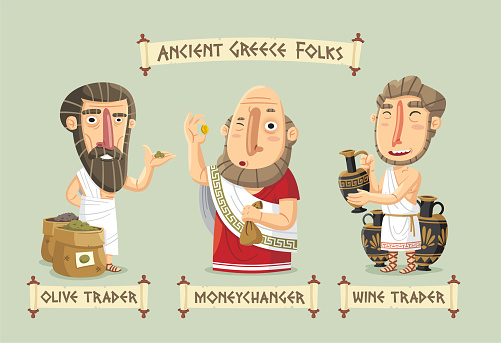 Ancient Greece Agora set: a olive trader showing his goods, a moneychangerexamining a coin and a wine trader with a vase full of wine.