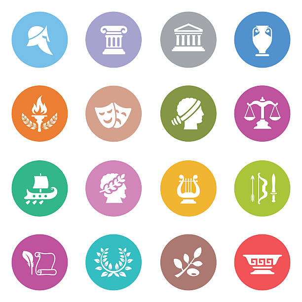 Ancient Greece Icon Set Illustrator Vector EPS file (any size), High Resolution JPEG preview (5417 x 5417 px) and Transparent PNG (5417 x 5417 px) included. Each element is named, grouped and layered separately. Very easy to edit. laconia greece stock illustrations