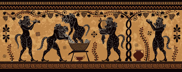 Ancient greece mythology.Black figure pottery.Ancient greek scene banner. Ancient greek painting.Pottery art.Stylized ancient greek background. Mediterranean culture. laconia greece stock illustrations
