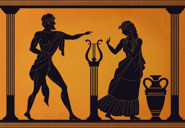 Ancient Greece scene. Antic vase with silhouettes of mythology characters and gods, Vector legendary Greek people pattern Ancient Greece scene. Antic vase with silhouettes of mythology characters and gods, Vector legendary Greek people mythological pattern old culture with woman and man in toga with lyre and amphora classical style stock illustrations