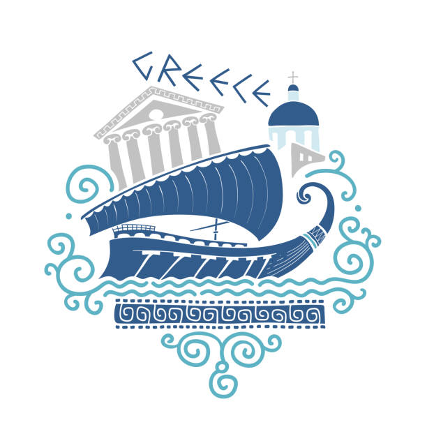 Ancient Greek Culture Illustration Vector hand-drawn illustration on Greek culture with ancient ship, architecture and traditional Greek ornament. laconia greece stock illustrations