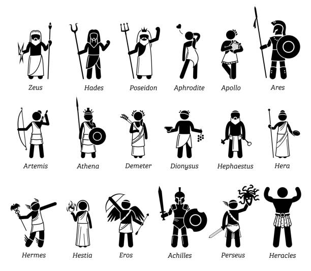 Ancient Greek Mythology Gods and Goddesses Characters Icon Set Vector set illustrations of ancient fantasy Gods and Goddesses characters from Greek mythology. ares god stock illustrations