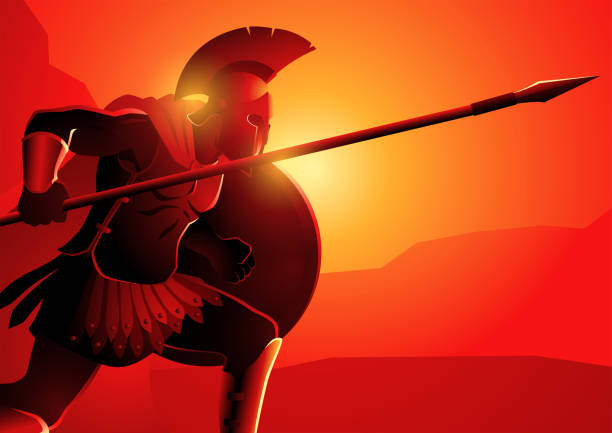 Ancient greek warrior in ready to fight position Vector illustration of ancient greek warrior in ready to fight position, Achilles, was a hero of the Trojan War armour of god stock illustrations