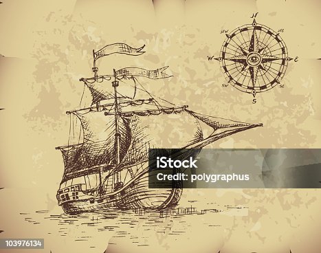 istock Ancient image of caravel with compass on top corner 103976134
