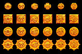 Ancient Mexican mythology golden symbols isolated. American aztec, mayan culture native totem. Vector icons. Objects on a separate layer.