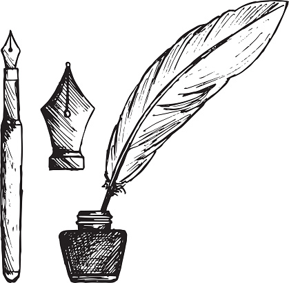 Ancient pen, inkwell and old ink pen