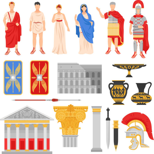 ancient rome empire set Ancient rome empire set of isolated flat images with pantheons legionnaire outfit weapons and human characters vector illustration roman stock illustrations