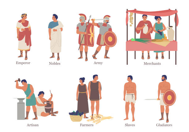Ancient Rome hierarchy characters, vector flat isolated illustration Ancient Rome social hierarchy structure character set, vector flat isolated illustration. Upper and lower classes of ancient roman hierarchy. roman stock illustrations