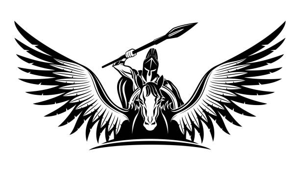 Ancient warrior riding a Pegasus. Ancient warrior with a spear and a shield riding a Pegasus. pegasus stock illustrations