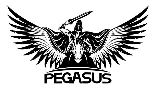 Ancient warrior riding a Pegasus. Ancient warrior with a sword and shield riding a Pegasus. pegasus stock illustrations