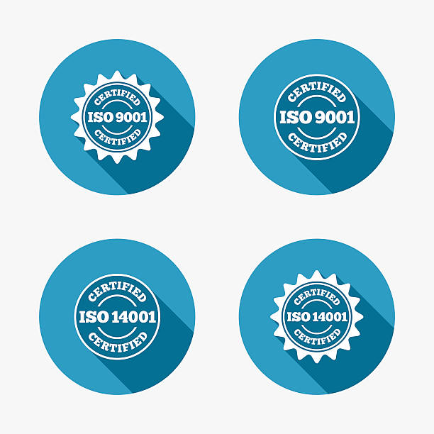 ISO 9001 and 14001 certified icon. Certification ISO 9001 and 14001 certified icons. Certification star stamps symbols. Quality standard signs. Circle concept web buttons. Vector 2015 stock illustrations