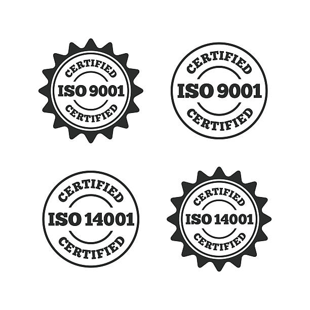 ISO 9001 and 14001 certified icon. Certification ISO 9001 and 14001 certified icons. Certification star stamps symbols. Quality standard signs. Flat icons on white. Vector 2015 stock illustrations