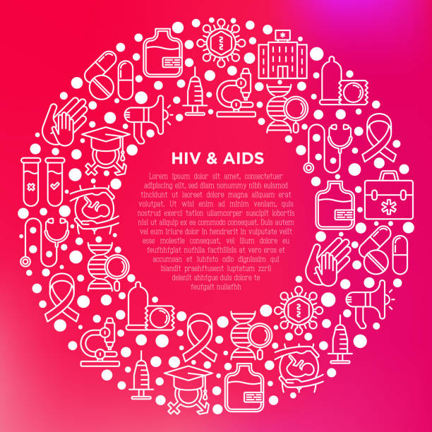 ilustrações, clipart, desenhos animados e ícones de hiv e aids conceito em círculo com ícones de linha fina: sexo seguro, transfusão de sangue, drogas antivirais, exame físico, aids fita, exame de sangue, microscópio, engenharia genética. ilustração do vetor. - aids