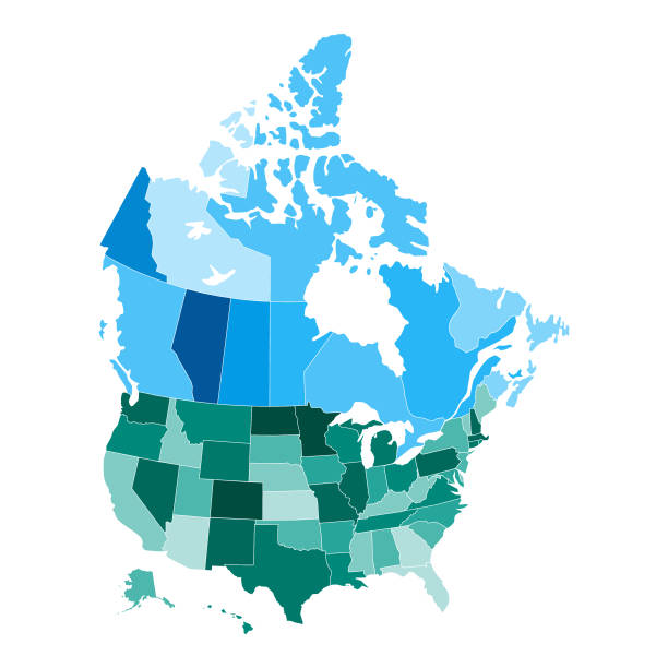 Vector illustration of the map of the United States of America and Canada in different shades of green and blue and white outline.