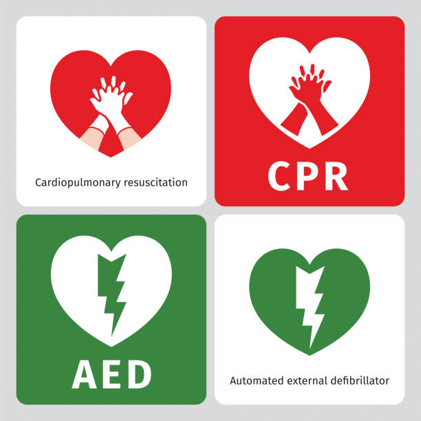 Simbol darurat AED dan CPR terisolasi pada putih, ditambah versi terbalik alternatif dengan prasasti teks.
