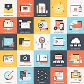 Abstract vector collection of colorful flat SEO and development icons. Design elements for mobile and web applications.