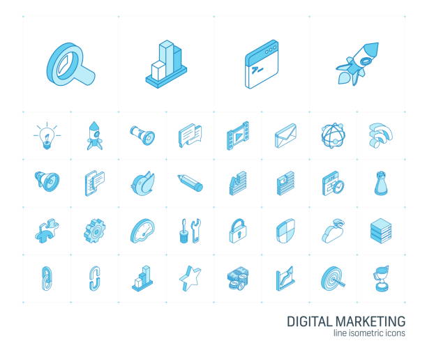 SEO and digital market analytics isometric line icons. 3d vector Isometric line icon set. 3d vector colorful illustration with SEO symbols. Digital network, analytics, social media and market colorful pictogram Isolated on white 3d icons stock illustrations
