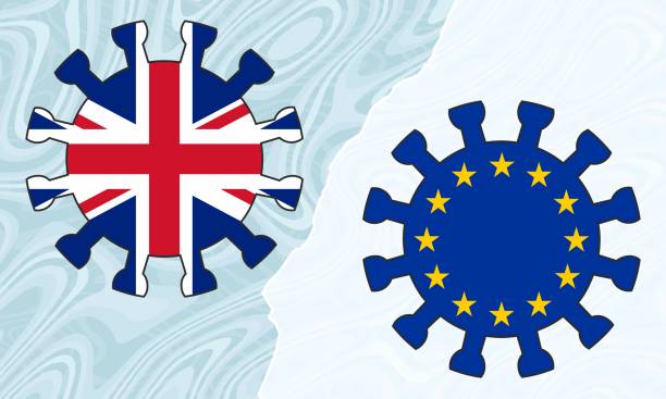 UK and EU flags in Virus Symbols Compare Response to Virus Threat vector art illustration