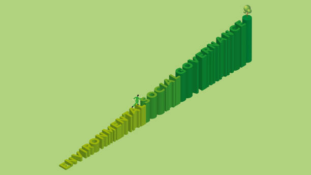 esg와 환경 문제의 녹색 개념, 지구의 날, 성장, 지구를 저장, 환경 친화적 인. 한 남자가 계단 위에 나무와 함께 환경 사회 및 거버넌스라는 텍스트 단어를 실행하고 단계. - esg stock illustrations