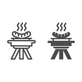 BBQ and grilled sausages line and solid icon, picnic concept, barbecue with hot sausages sign on white background, bbq grill icon in outline style for mobile concept and web design. Vector graphics