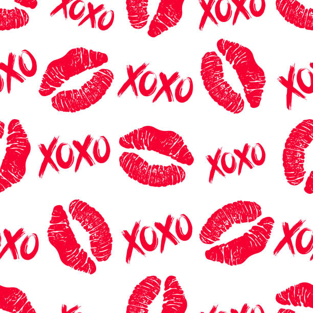 illustrazioni stock, clip art, cartoni animati e icone di tendenza di xoxo e rossetto baciano il motivo senza cuciture - kiss