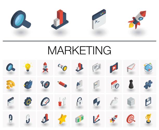 SEO and market analytics isometric icons. 3d vector Isometric flat icon set. 3d vector colorful illustration with SEO symbols. Digital network, analytics, social media and market colorful pictogram Isolated on white 3d icons stock illustrations