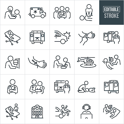 A set of EMT and paramedic icons that include editable strokes or outlines using the EPS vector file. The icons include an EMT checking the heart of a person using a stethoscope, ambulance rushing to scene of accident, team of paramedics looking at camera with arms folded, EMT giving chest compressions and CPR to an injured person, injured person on stretcher, ambulance with back doors open, person involved in car wreck, hand checking pulse of a persons arm, paramedic standing outside emergency vehicle, EMT checking IV of patient, arm with IV needle inserted, emergency medical technician checking blood pressure of ill person, life flight helicopter, EMT with arms folded and a stethoscope around his neck, paramedic assisting an injured person, paramedic standing outside the back of an ambulance, EMT stabilizing the head of an injured person, hospital, person being hit by car, emergency dispatch and other related icons.