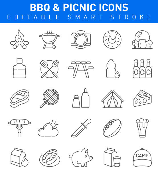 BBQ and Picnic Icons. Editable stroke BBQ icons with meat, steak, beer and camping symbols spices of the world stock illustrations