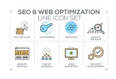 SEO and Web Optimization chart with keywords and line icons