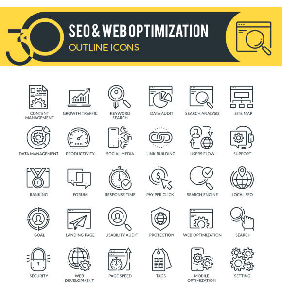 SEO and Web Optimization Outline Icons Set of outline icons on following themes – SEO services, internet marketing, web development, web optimization, internet security and other. Each icon neatly designed on pixel perfect 32X32 size grid. Perfect for use in: website, presentation, promotional materials, illustrations, infographics and much more. email campaign stock illustrations
