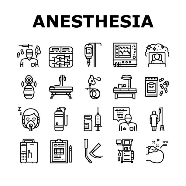 Anesthesiologist Tool Collection Icons Set Vector Anesthesiologist Tool Collection Icons Set Vector. Syringe Pump, Anesthesia Machine And Heart Rate Monitor Anesthesiologist Equipment Black Contour Illustrations anesthetic stock illustrations
