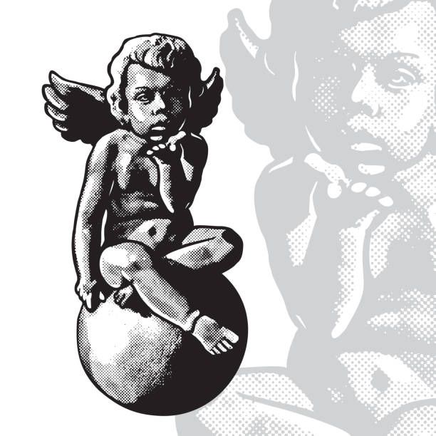 illustrazioni stock, clip art, cartoni animati e icone di tendenza di angel bambino seduto sulla sfera, carino cupido ragazzo. - cherubini