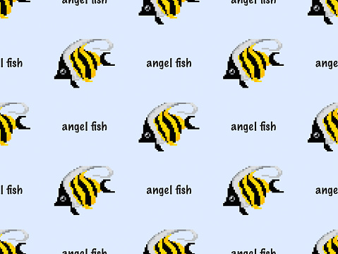 Angel fish cartoon character seamless pattern on blue background.