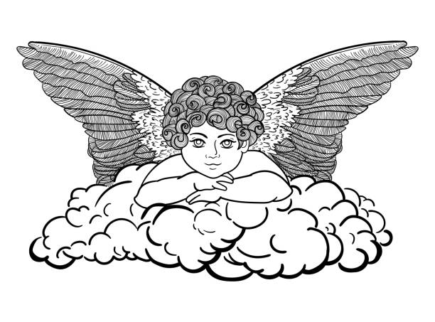 illustrazioni stock, clip art, cartoni animati e icone di tendenza di angelo su una nuvola, disegno contorno di colore nero isolato su sfondo bianco - cherubini