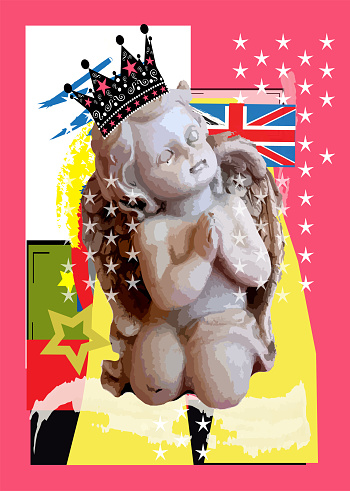 Angel queen with crown sculpture pop art. Collage background with British flag and stars.