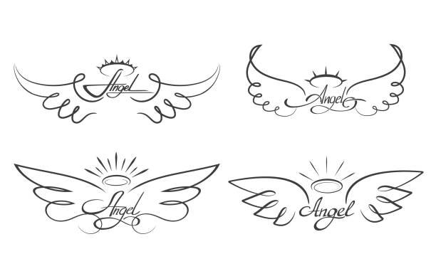 Angel wings drawing vector illustration. Winged angelic tattoo icons Angel wings drawing vector illustration. Winged angelic tattoo icons. Wing feather with halo, artistic artwork sketch angel halo stock illustrations