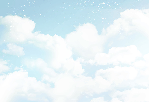 Angelic heaven clouds vector design background. Winter fairytale backdrop. Plane sky view with white snow. Watercolor frozen style texture. Delicate card. Elegant decoration. Fantasy pastel color