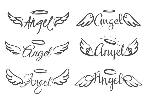 Angels wings emblems. Feather angel wing and halo, sketch feathers bird line tattoo. Hand drawn winged silhouettes vector isolated Angels wings emblems. Feather angel wing and halo, sketch feathers bird line tattoo. Hand drawn fantasy winged silhouettes vector isolated angel halo stock illustrations