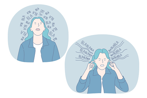 Anger, loud sounds, noise concept. Angry irritated stressed girl with blue hair cartoon character listening to loud speech and covering ears with hands to ignore outer sounds vector illustration