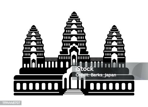 istock Angkor Wat - Cambodia / World famous buildings monochrome vector illustration. 1194448707